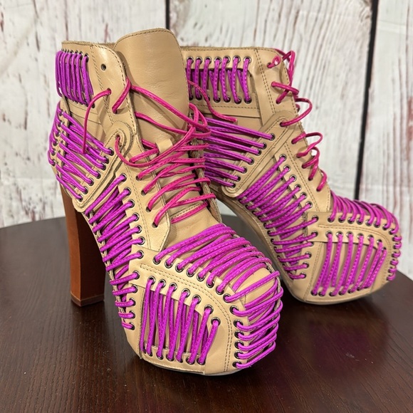 JEFFREY CAMPBELL LITA LACED in Neon Pink & Purple On Tan Leather Ankle Boots 6.5 - Picture 1 of 16